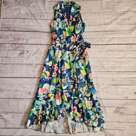 J.McLaughlin Dresses & Skirts - J. McLaughlin Miramar Navy Floral Linen Blend Wrap Dress Collared Womens Small